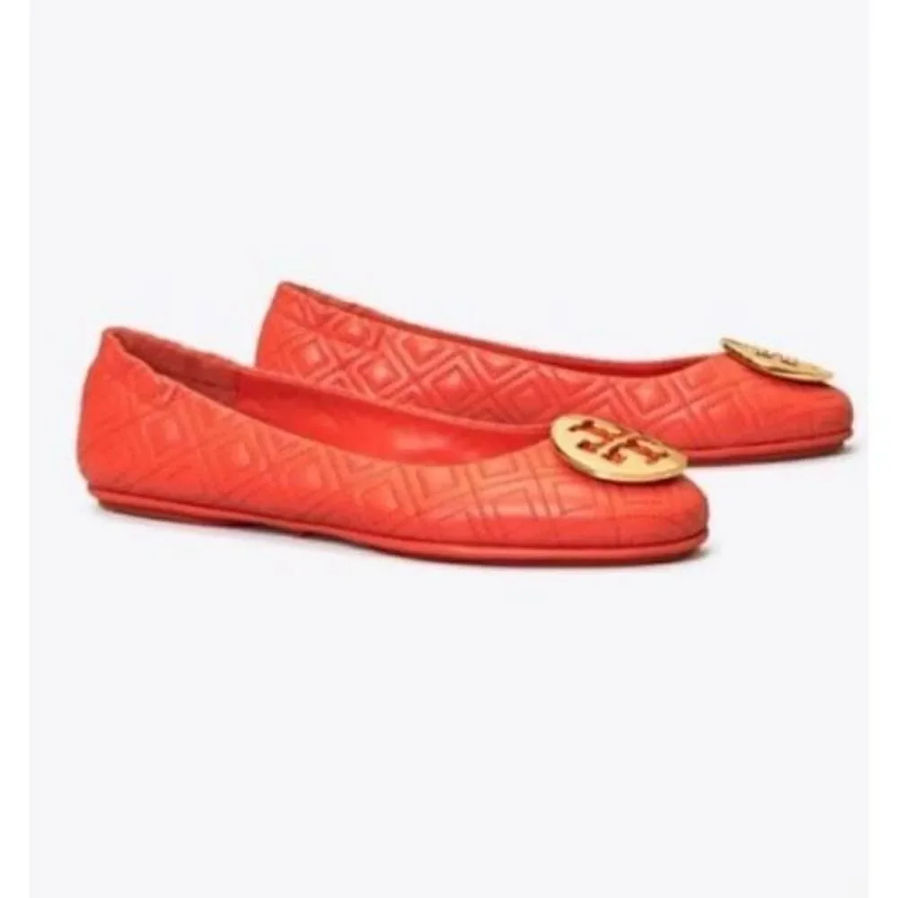 Tory Burch Size 6.5 Minnie Quilted Leather Ballet Flats Orange Gold Logo Travel